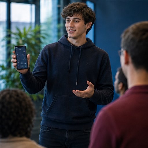 A student demonstrating a mobile app project