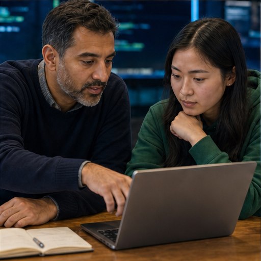 A technology mentor guiding a student at a laptop