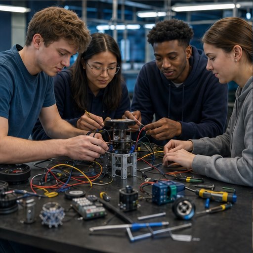 Engineering students building a technology prototype together